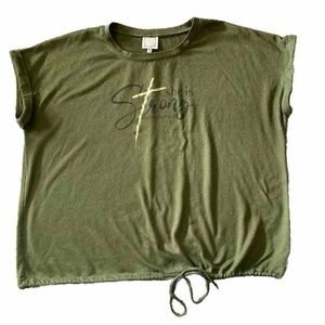 Plus Size 2X Tru Self Olive Green “She is Strong” Short Sleeve Top Tie Waist